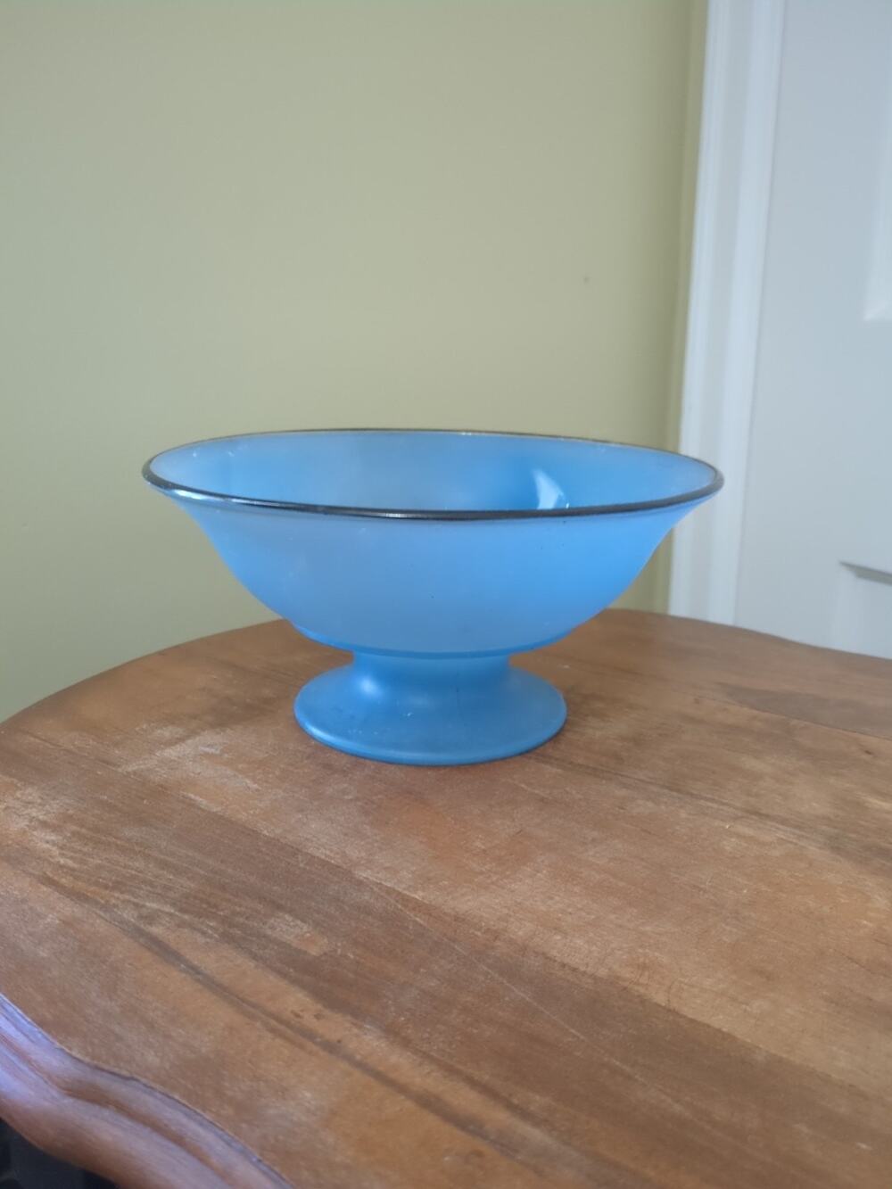 Vintage Art Deco Blue Satin Glass Footed Bowl Tiffin?
